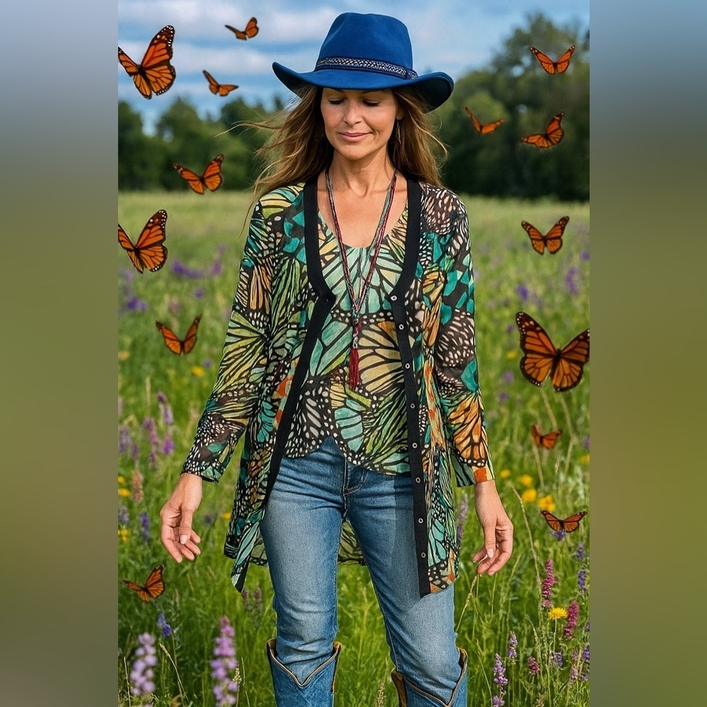 Butterfly cardigan boho semi sheer gem w resort vacay cruise vibe